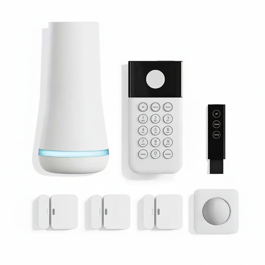 Smart Home Security System (7 Pc.) with Base Station, Siren, Keypad, Motion Sensor, 3 Entry Sensors, and Key Fob